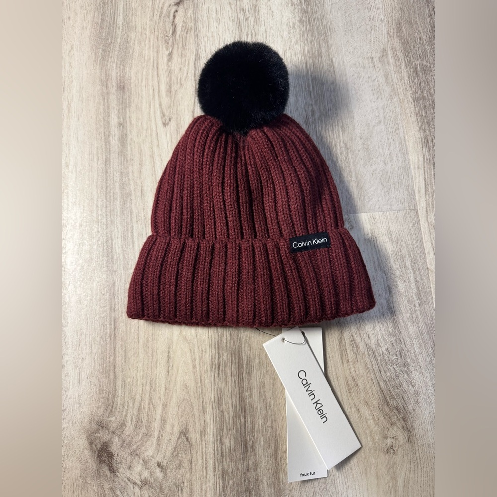 Calvin Klein Maroon Knit Beanie with Black Pom